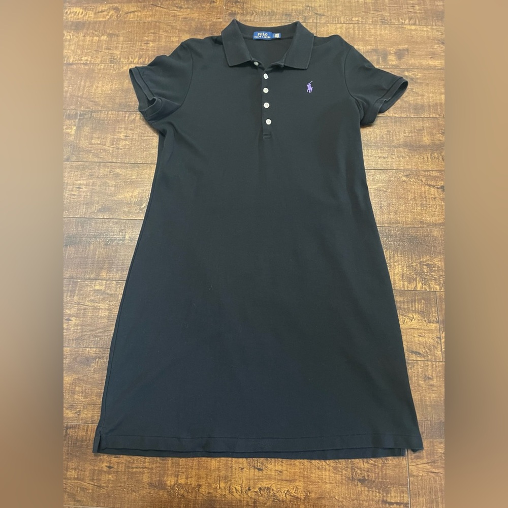 Ralph Lauren Womens LARGE Black Polo Shirt Dress Purple Pony Logo Short Sleeve